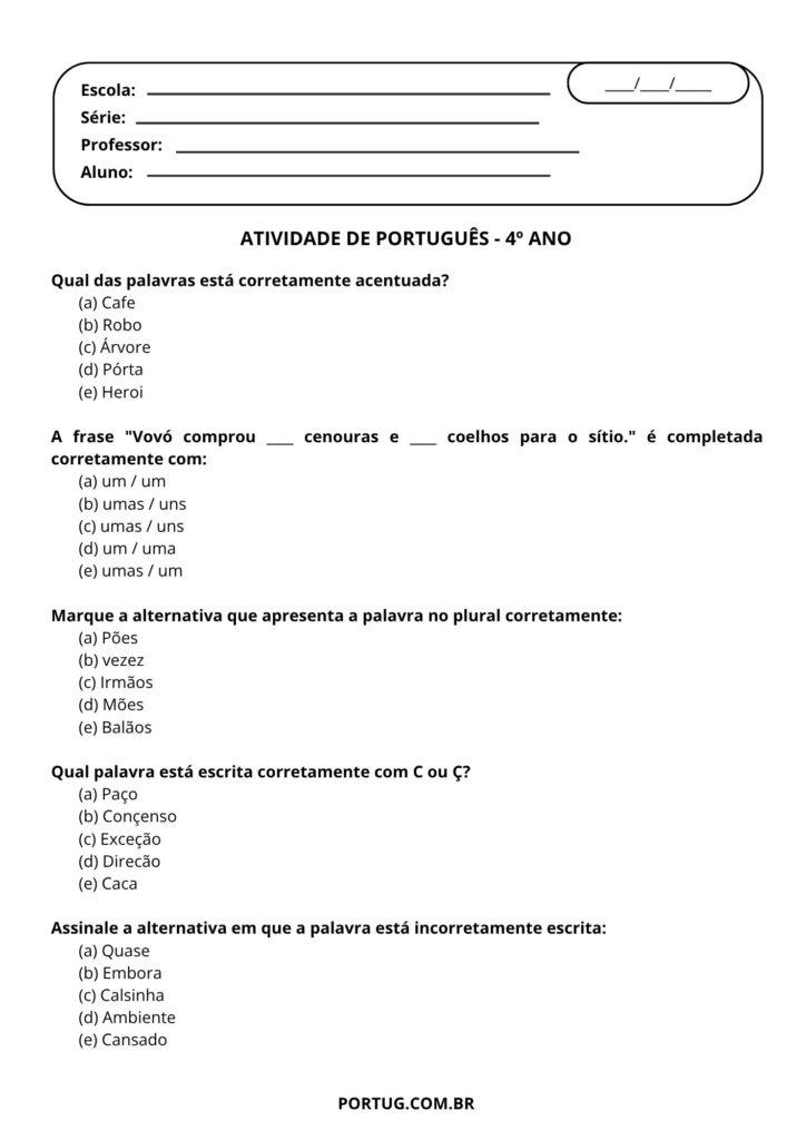 25 Atividades de Português para 4º ano – Portug.